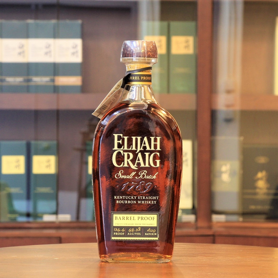 Region: Kentucky (USA)  Distillery: Elijah Craig  Age: 12 Years Old  ABV: 68.3%  Size: 750 ml  This Elijah Craig small batch bourbon whiskey is Barrel Proof, meaning cask strength from the barrel, and non-chill filtered. Every batch of Barrel Proof is aged for 12 years in the barrel.  This Batch#A120 is botted at 136.6 proof and first releas in 2020. The first letter of the batch number indicates the order of the release for that year, starting with "A.”