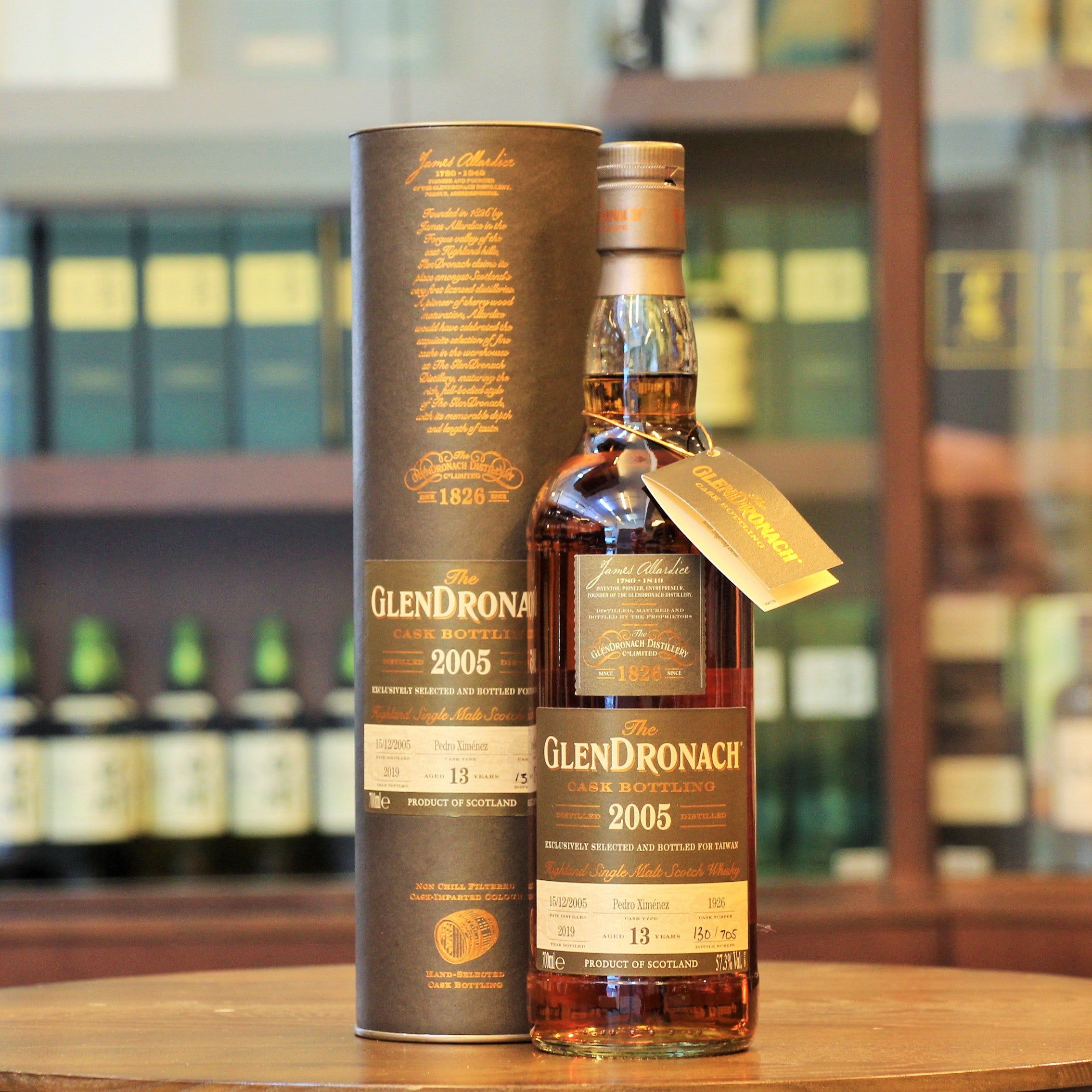 A 2005 Vintage Single Cask #1926 special bottling from the GlenDronach distillery, matured for 13 years in a Pedro Ximenez Sherry Cask for the Taiwan market and bottled at an impressive 57.3% ABV.
