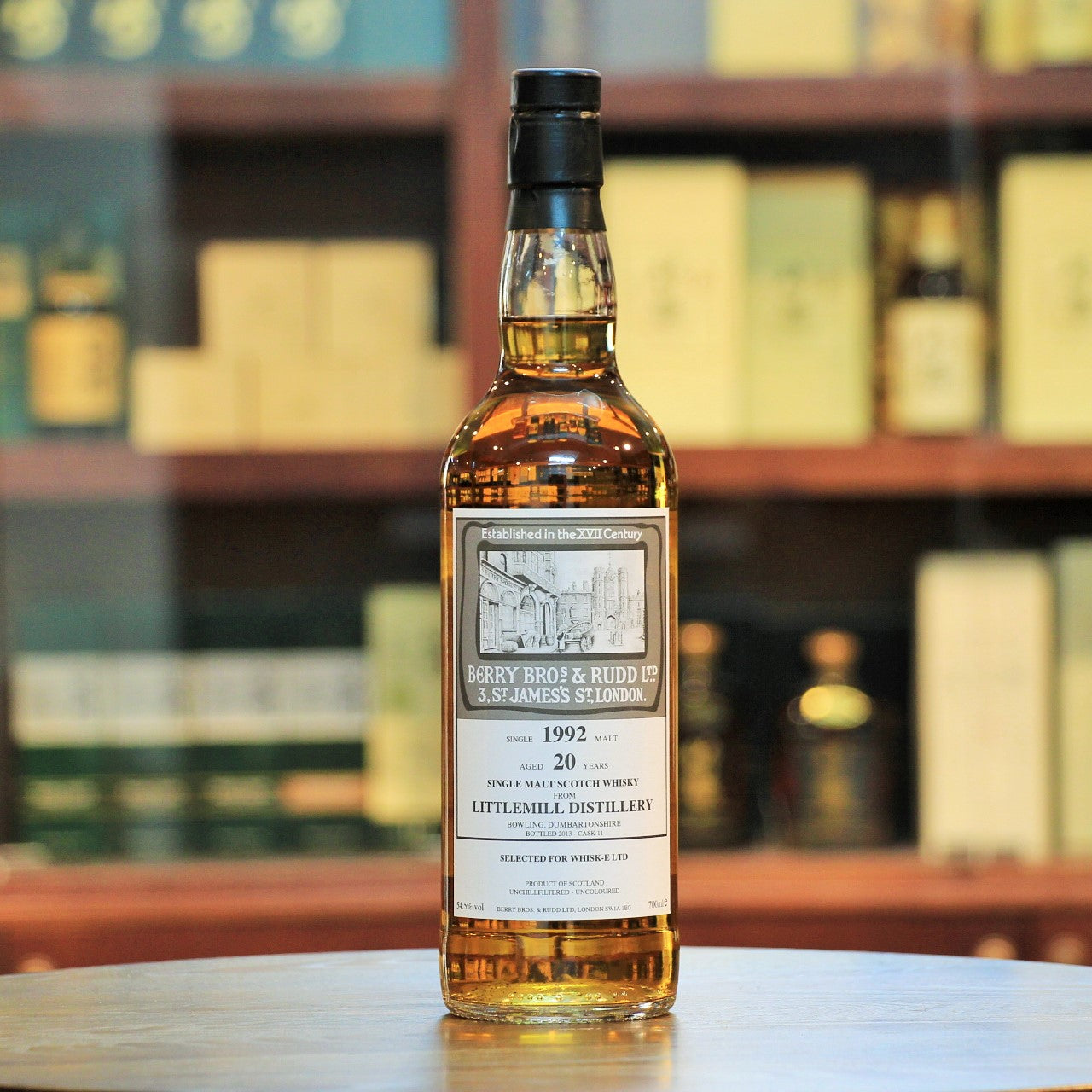 Littlemill 1992 20 Years Old Berry Bros & Rudd Bottling for Whisk-E, A 1992 vintage malt from the closed distillery Littlemill, which closed in the 1990s. This whisky was matured in Cask #11 and bottled in 2013 at an impressive ABV of 54.5%.