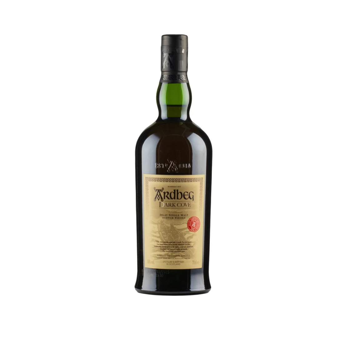 The Ardbeg Dark Cove Committee Release 2016 is a limited edition, cask strength Islay single malt Scotch whisky bottled exclusively for members of the Ardbeg Committee. Released in 2016, Ardbeg Dark Cove Committee Release was matured in ex-bourbon and "Dark Sherry casks" and hailed as the "darkest Ardbeg ever" upon its release, inspired by Islay’s murky smuggling past.