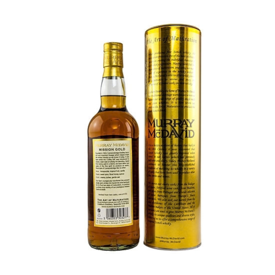 This is an Independent Bottling of Single Grain Whisky from the Cameronbridge Distillery, matured in Ex Bourbon Hogsheads and finished in 1st Fill Sauternes Wine Finish (sweet French dessert wine cask imparting rich fruit and honey notes) and bottled by Murray McDavid under their "Mission Gold" Series. 372 Bottles were Released in 2022.