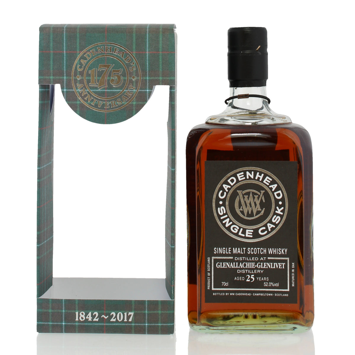 A bottle of Cadenhead Single Cask 1842-2017 single malt Scotch whisky next to its matching green plaid presentation box, shown on a white background. Currently available at Mizunara The Shop in Hong Kong, the speciality whisky store. 
This GlenAllachie 1992 Cadenhead's 25-Year-Old is a single-cask single malt Scotch whisky distilled in the Speyside Distillery, matured in a Bourbon Hogshead and bottled at natural cask strength. 240 Bottles were released in 2017.