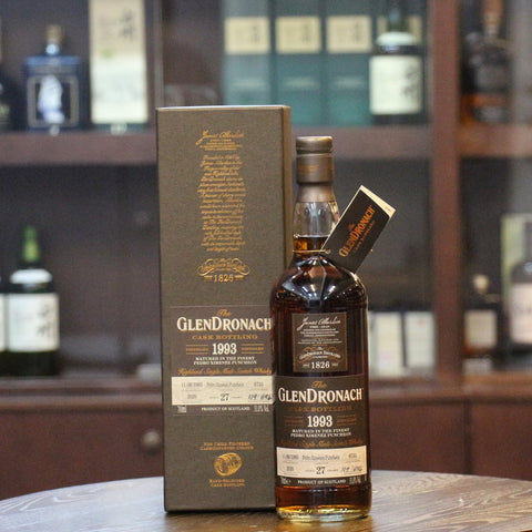 A 1993 Vintage special bottling from the GlenDronach distillery, matured for 27 years in a Single Pedro Ximenex (PX) Sherry Puncheon Cask.