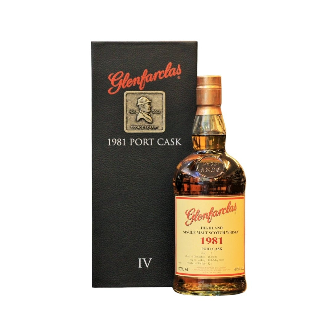Released by the family owned Glenfarclas Distillery, this Collector Series comprise, six extremely exclusive Whiskies, each representing one of six generations of the Grant Family which has continued to own the Distillery. This bottling is the fourth&nbsp;one of the series and comes in a black box adorned with a metal coin featuring the portrait of George S Grant (1923-2002).&nbsp;Distilled on 16th January 1981, bottled on 19th May 2016 from single Port Cask 