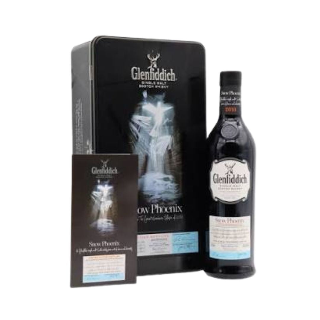 The 2010 Glenfiddich “Snow Phoenix” is a highly collectible, one‑off limited‑edition Speyside single malt created to commemorate a dramatic event at the distillery in January 2010.

Born from an extraordinary winter night in 2010, when heavy snow caused several distillery warehouse roofs to collapse, Malt Master Brian Kinsman selected the finest surviving casks—American oak ex‑bourbon and Oloroso sherry, aged between 13 and 30 years—and married them into this singular bottling. Presented at 47.6% ABV and n