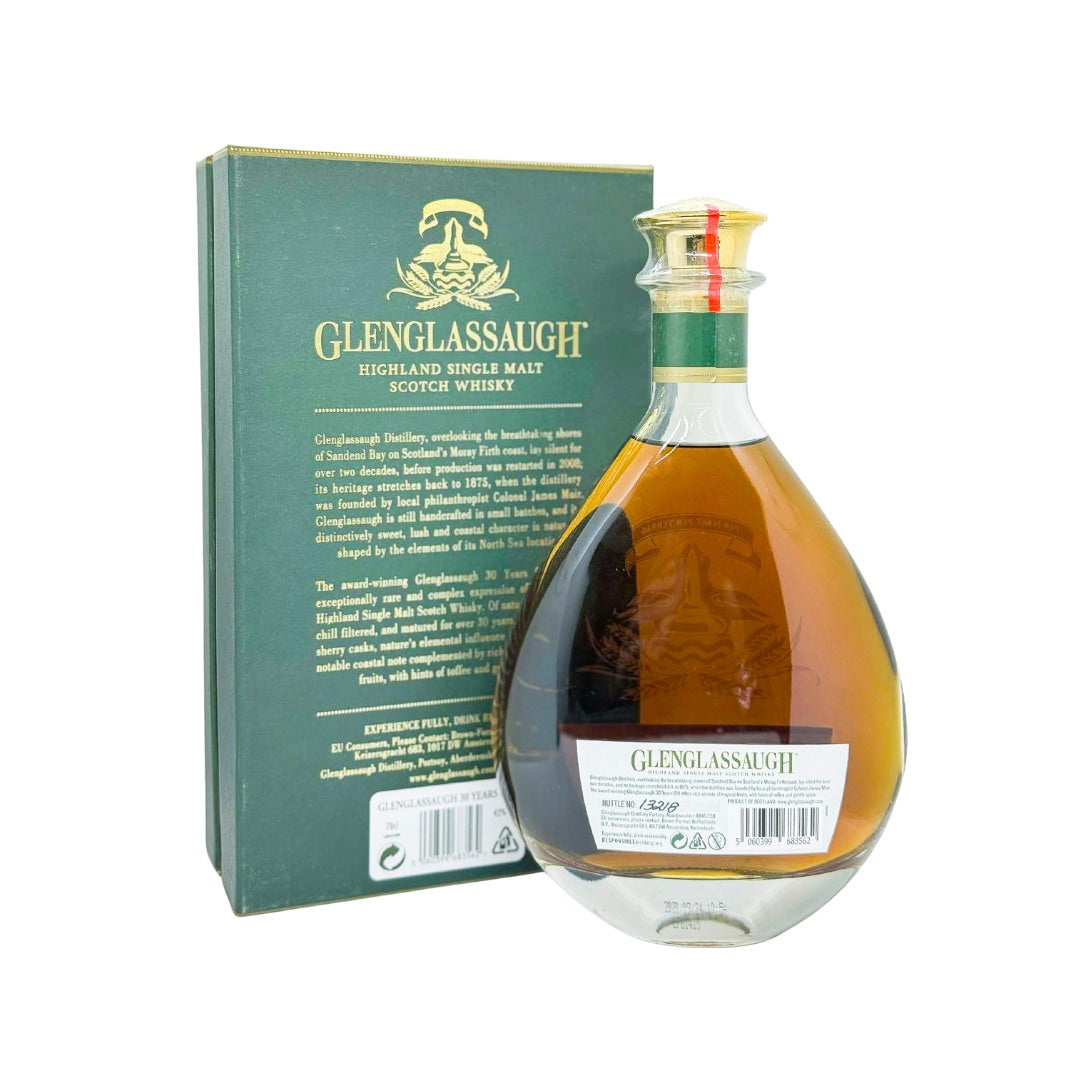 Glenglassaugh 30 Years Old is a premium Highland single malt Scotch whisky from the coastal Glenglassaugh distillery. Matured for&nbsp;30 years in sherry butts,&nbsp;this bottle presented in a&nbsp;distinctive teardrop decanter.

The coastal Glenglassaugh distillery went silent in 1986 and reopened in 2008 and is now operated by Brown-Forman, owners of Jack Daniel’s.