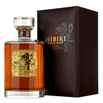 Hibiki 30 Year Old Suntory Whisky bottle and gift box showing 響 calligraphy – gold leaf label, numbered bottle, harmonious blend of handcrafted specially aged whiskies | 響三十年 三得利威士忌 響字禮盒 編號瓶