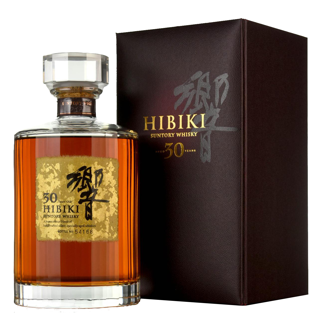 Hibiki 30 Year Old Suntory Whisky bottle and gift box showing 響 calligraphy – gold leaf label, numbered bottle, harmonious blend of handcrafted specially aged whiskies | 響三十年 三得利威士忌 響字禮盒 編號瓶