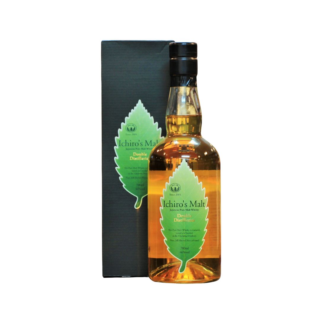 Ichiro's Malt Double Distilleries Japanese Pure Malt Whisky 700ml – clear bottle with iconic green leaf label alongside dark green gift box, vatting of Chichibu and Hanyu distilleries, 46% ABV | 一郎麥芽雙蒸餾廠純麥威士忌 秩父及羽生蒸餾廠 綠葉標誌