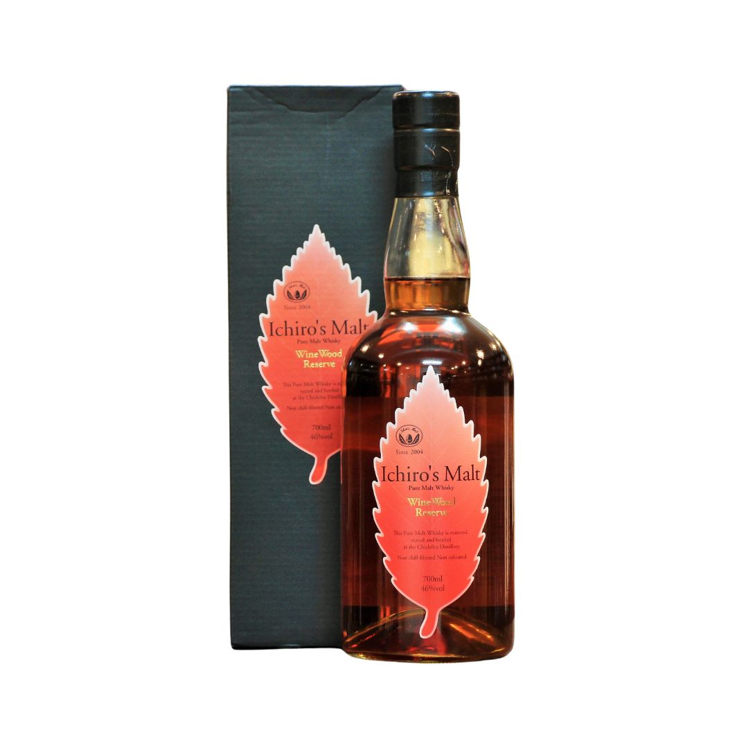 Ichiro's Malt WWR Wine Wood Reserve Japanese Pure Malt Whisky 700ml – deep ruby spirit with iconic red-pink leaf label alongside dark green gift box, matured in wine casks at Chichibu Distillery, 46% ABV | 一郎麥芽葡萄酒桶珍藏純麥威士忌 秩父蒸餾廠 紅葉標誌 葡萄酒桶熟成