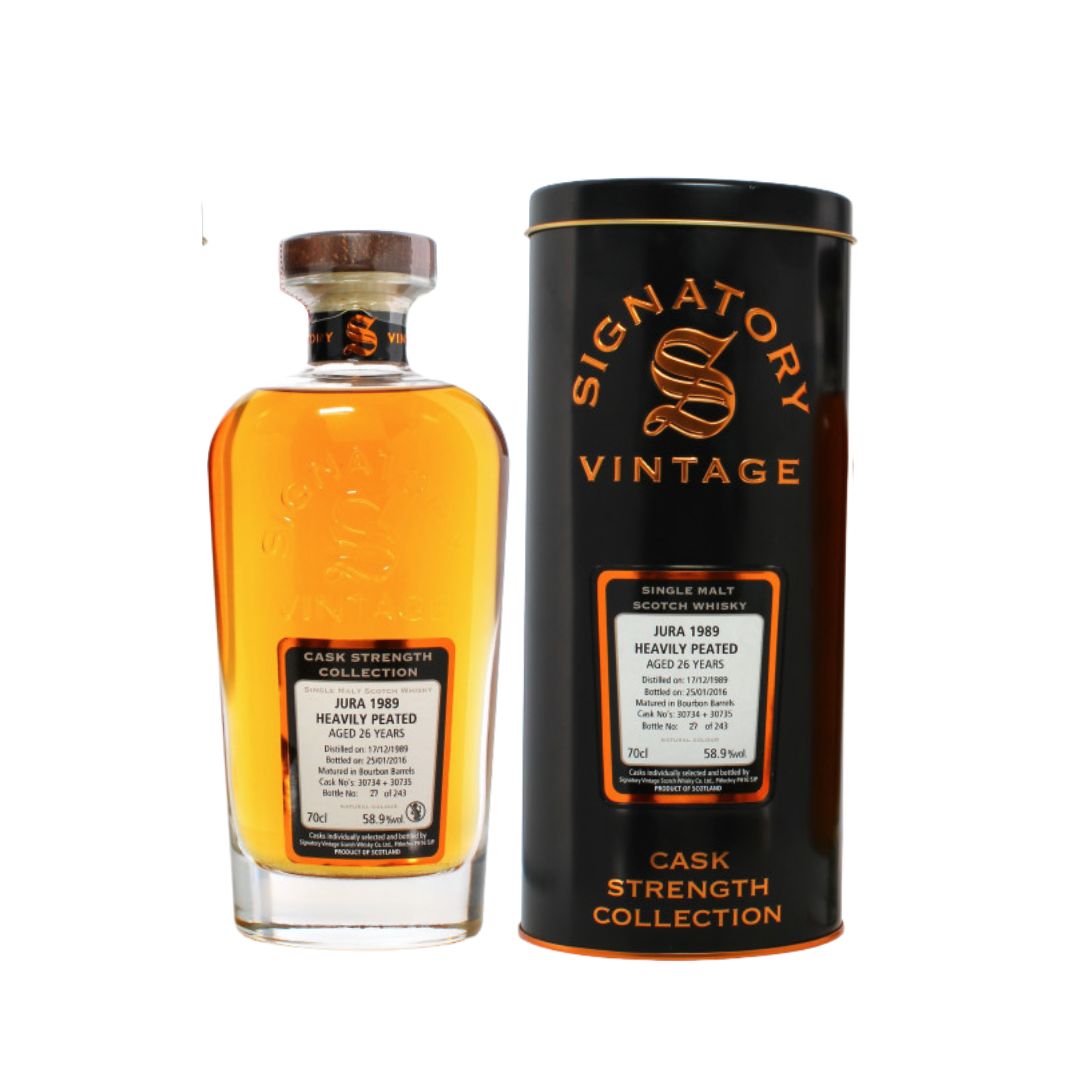  A heavily peated Island single malt from Isle of Jura, distilled on 17 December 1989 and bottled on 25 January 2016 by Signatory Vintage as part of its Cask Strength Collection. Matured for 26 years in two ex‑bourbon barrels (casks 