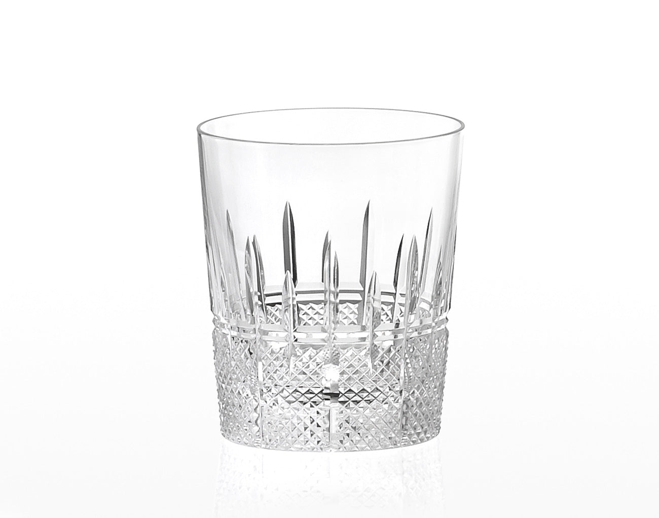 Kagami Crystal Whisky Rock Glass Model T493-1521 – handcrafted Japanese lead-free crystal old fashioned glass with elegant vertical blade cuts above intricate diamond-cut base, made in Japan | 鏡水晶威士忌岩石杯 T493-1521型 日本製 手工切割 直線刻紋配菱形底座