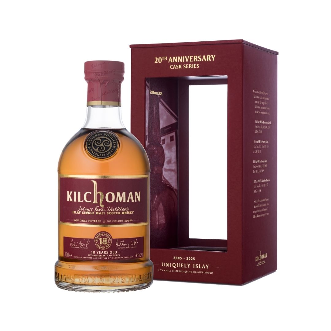 Kilchoman 18 Year Old Ex-Bourbon from the 20th Anniversary Cask Series is the distillery’s oldest release, a vatting of five specially selected ex-bourbon casks. Distilled in 2006 (casks no. 33, 146, 149, 155, 163) with only 1,209 bottles release worldwide.

Tasting Note: Nose: Full-bodied with a strong cask influence after 18 years, offering rich butterscotch, vanilla, and caramel, along with hints of toasted oak. Palate: Robust, with sweet caramel and toffee fruits