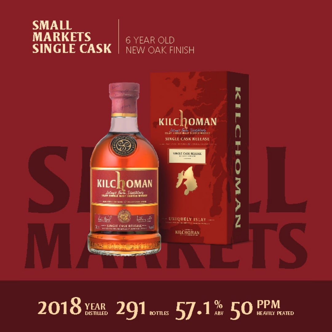 Kilchoman 6 Year Old New Oak Finished Single Cask 18/233 is an exclusive&nbsp;Small Markets bottling with a heavily peated style (50PPM). Matured over 5 years in a fresh STR red wine hogshead, it was finished for more than a year in a Carpathian oak cask. Total of 291 bottles released.&nbsp;
