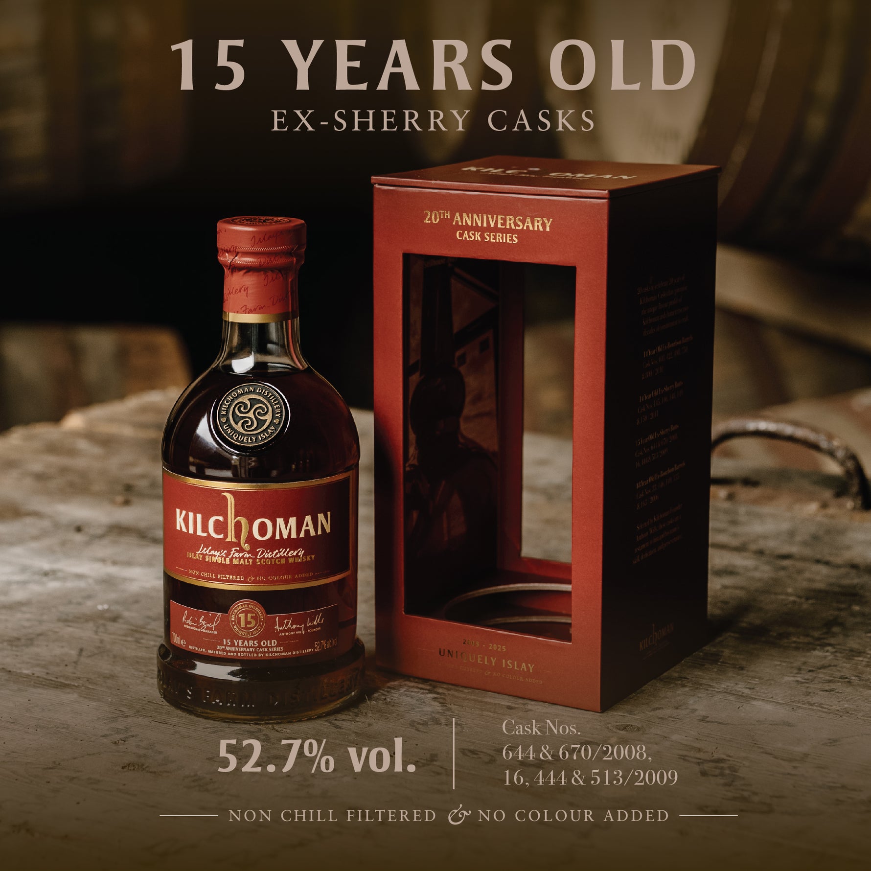 Kilchoman 15 Year Old Ex-Sherry from the 20th Anniversary Cask Series showcases the distillery’s sherry-matured mastery. This limited edition distilled in 2008 or 2009 and matured in&nbsp;five first-fill ex-sherry casks (Casks Nos. 644 &amp; 670/2008, 16,444 &amp; 513/2009). A total of 3,153 bottles were released worldwide.