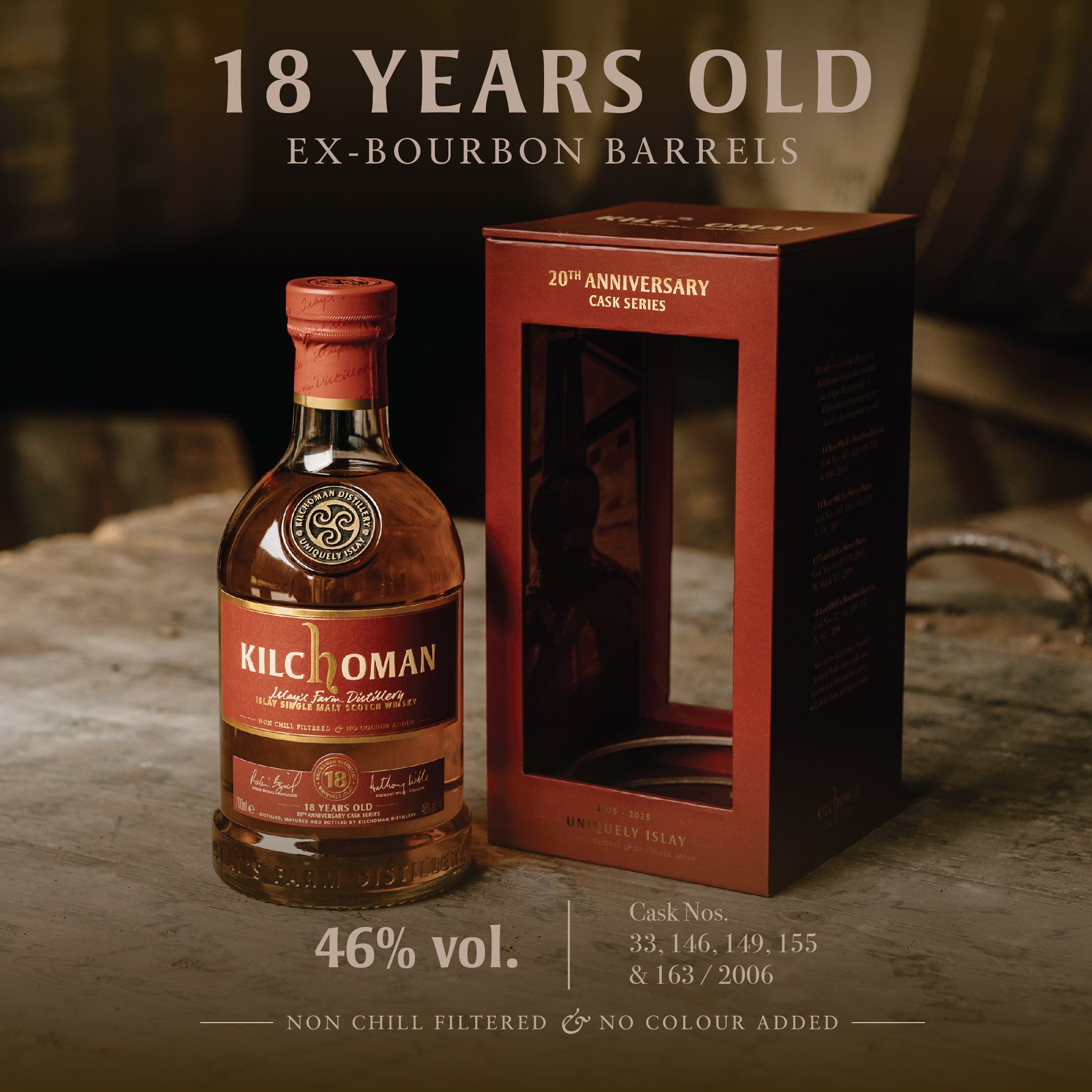 Kilchoman 18 Year Old Ex-Bourbon from the 20th Anniversary Cask Series is the distillery’s oldest release, a vatting of five specially selected ex-bourbon casks. Distilled in 2006 (casks no. 33, 146, 149, 155, 163) with only 1,209 bottles release worldwide.

Tasting Note: Nose: Full-bodied with a strong cask influence after 18 years, offering rich butterscotch, vanilla, and caramel, along with hints of toasted oak. Palate: Robust, with sweet caramel and toffee fruits