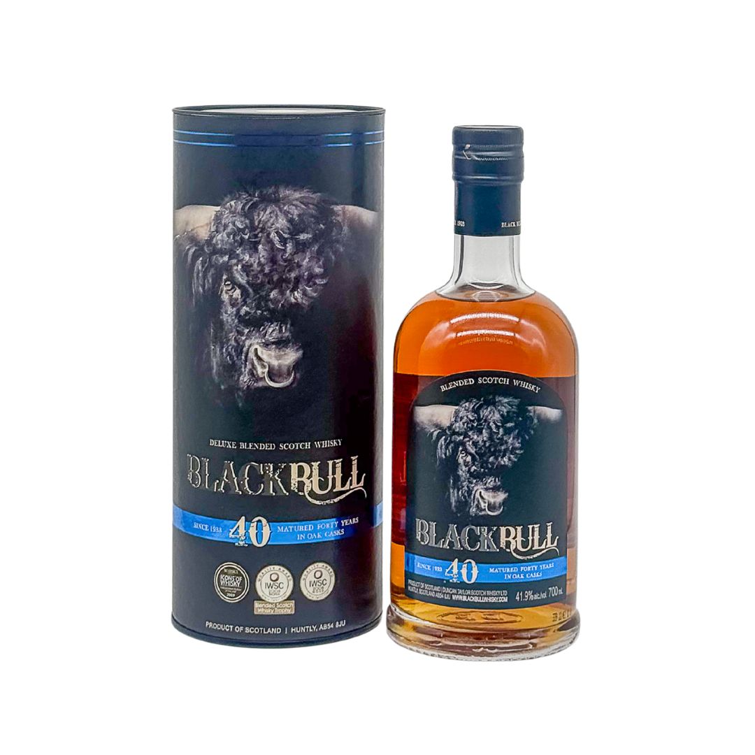 Black Bull 40 Year Old is a blend of select Single Malt and Single Grain whiskies from the renowned Duncan Taylor &amp; Co. Lad vintage cask range. This expression is bottled at natural strength, preserving the character it has developed during its 40-plus years in the cask. The blend consists of approximately 90% malt whiskies and 10% grain, matured in a ratio of 80% ex-Bourbon casks and 20% ex-Sherry casks. Each batch is very limited, with this fourth release capped at just 12 bottles, making it a rare an