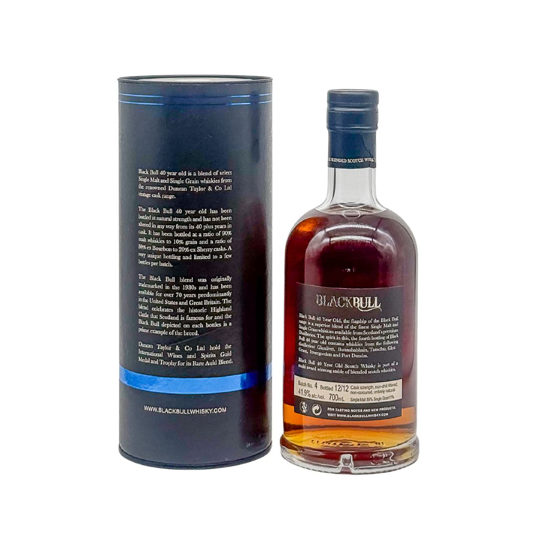 As the flagship of the Black Bull range, this superior blend includes whiskies from premium Scottish distilleries such as Glenlivet, Bunnahabhain, Tamdhu, Glen Grant, Invergordon, and Port Dundas. Black Bull 40 Year Old is part of Duncan Taylor’s multi-award-winning stable of blended Scotch whiskies, celebrated for its quality and craftsmanship.