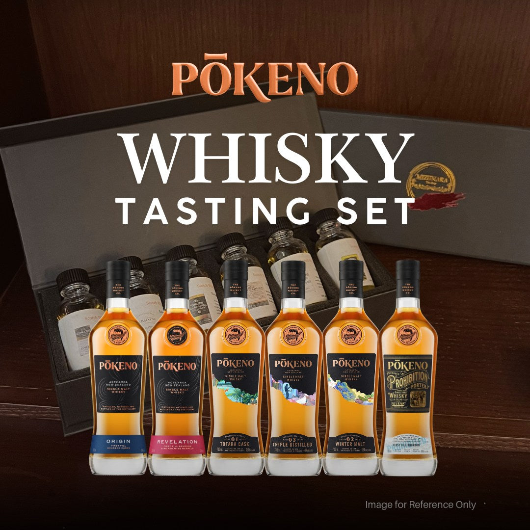 Pōkeno distillery nestled in a warm, misty, humid valley protected by the volcanic hills which from which they source their pure natural spring water and sourced the finest barley from three family-owned farms in New Zealand's richly fertile South Island.

This tasting pack includes the following bottlings:

Pōkeno "ORIGIN" Aotearoa New Zealand Single Malt Whisky

Pōkeno "REVELATION" Aotearoa New Zealand Single Malt Whisky

Pōkeno Exploration Series Totara Cask Finish New Zealand Single Malt Whisky

Pōkeno 