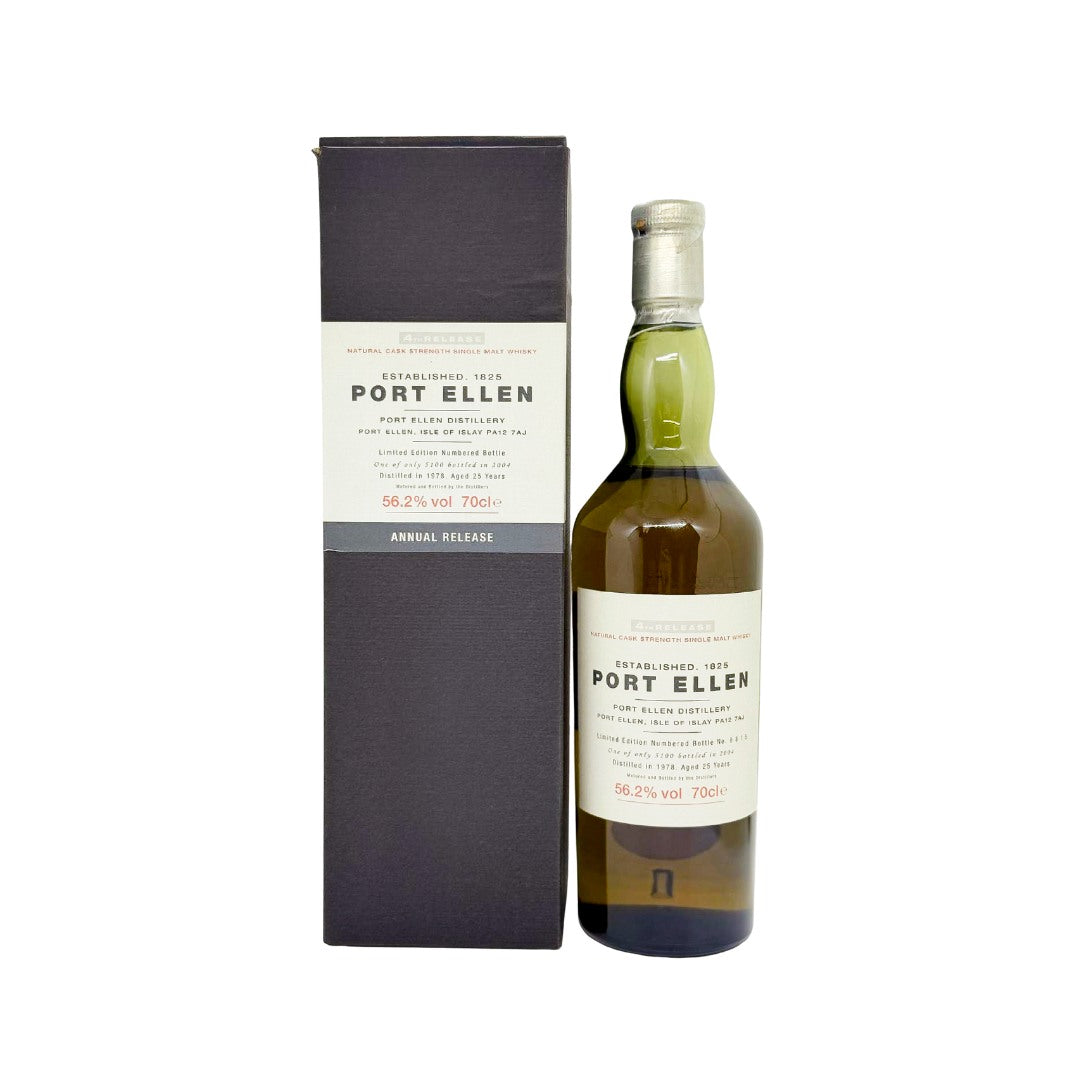 Port Ellen’s Annual Releases series comprises 17 highly collectible single malts from the silent Islay distillery, released by Diageo within their Special Releases from 2001 to 2017. The fourth release,&nbsp;distilled in 1978 and matured for 25 years, draws from post-closure warehouse stocks after the distillery shuttered in 1983; it was bottled cask-strength in 2004 at 56.2% ABV, with just&nbsp;5,100 bottles&nbsp;produced. These editions remain highly sought-after among collectors.