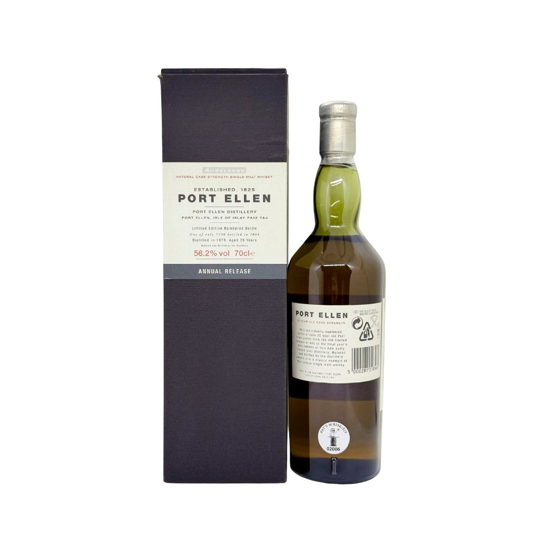 Port Ellen’s Annual Releases series comprises 17 highly collectible single malts from the silent Islay distillery, released by Diageo within their Special Releases from 2001 to 2017. The fourth release,&nbsp;distilled in 1978 and matured for 25 years, draws from post-closure warehouse stocks after the distillery shuttered in 1983; it was bottled cask-strength in 2004 at 56.2% ABV, with just&nbsp;5,100 bottles&nbsp;produced. These editions remain highly sought-after among collectors.