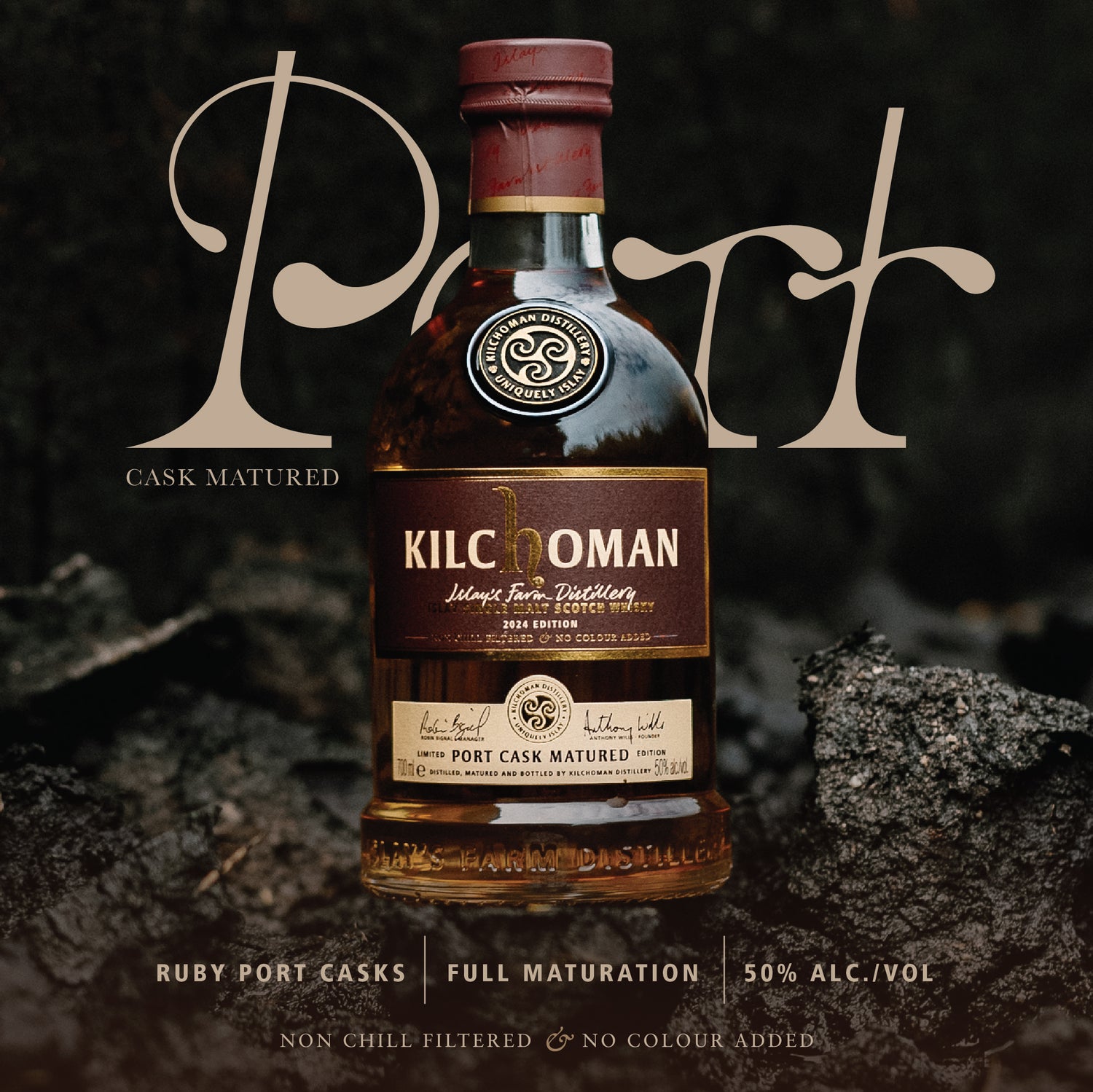 Kilchoman Port Cask Matured 2024 Edition is the third edition of the Port Cask Matured series. This limited release fully matured in refill Ruby Port hogsheads, which draws from casks of the two previous editions—nearly 10 year old stocks from 2014&nbsp; and 6 year old stocks from 2018.