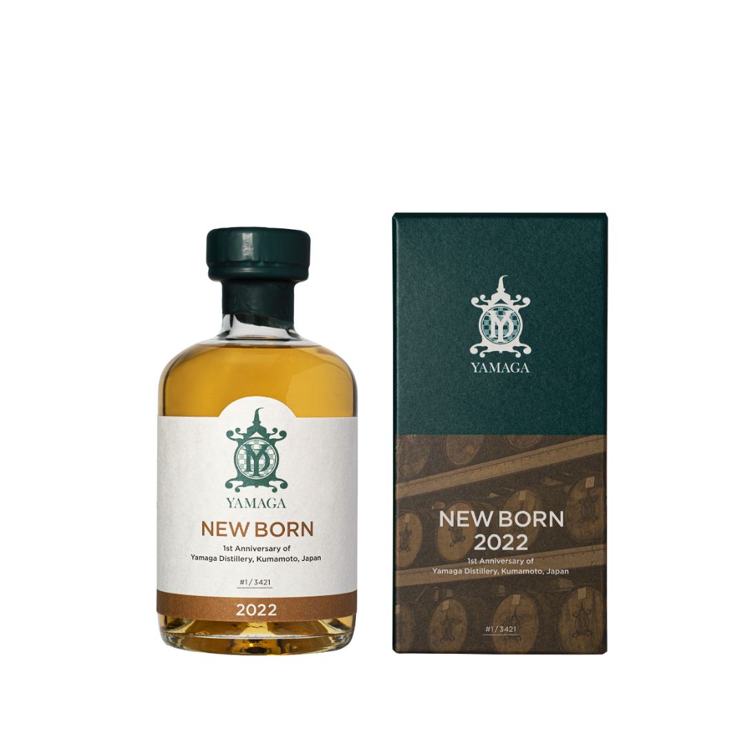 A bottle of Yamaga New Born 2022 whisky next to its dark green and brown packaging box, shown on a plain white background.