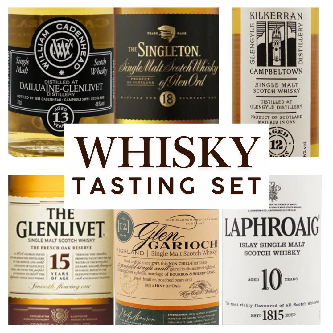 Explore a curated set of six 30 ml samples featuring premium Scotch whiskies, each representing a distinct Scottish region. Discover the diverse cask finishes and rich flavor profiles, ranging from fruity and nutty to smoky and peaty. Ideal for whisky enthusiasts seeking a unique and insightful tasting experience.