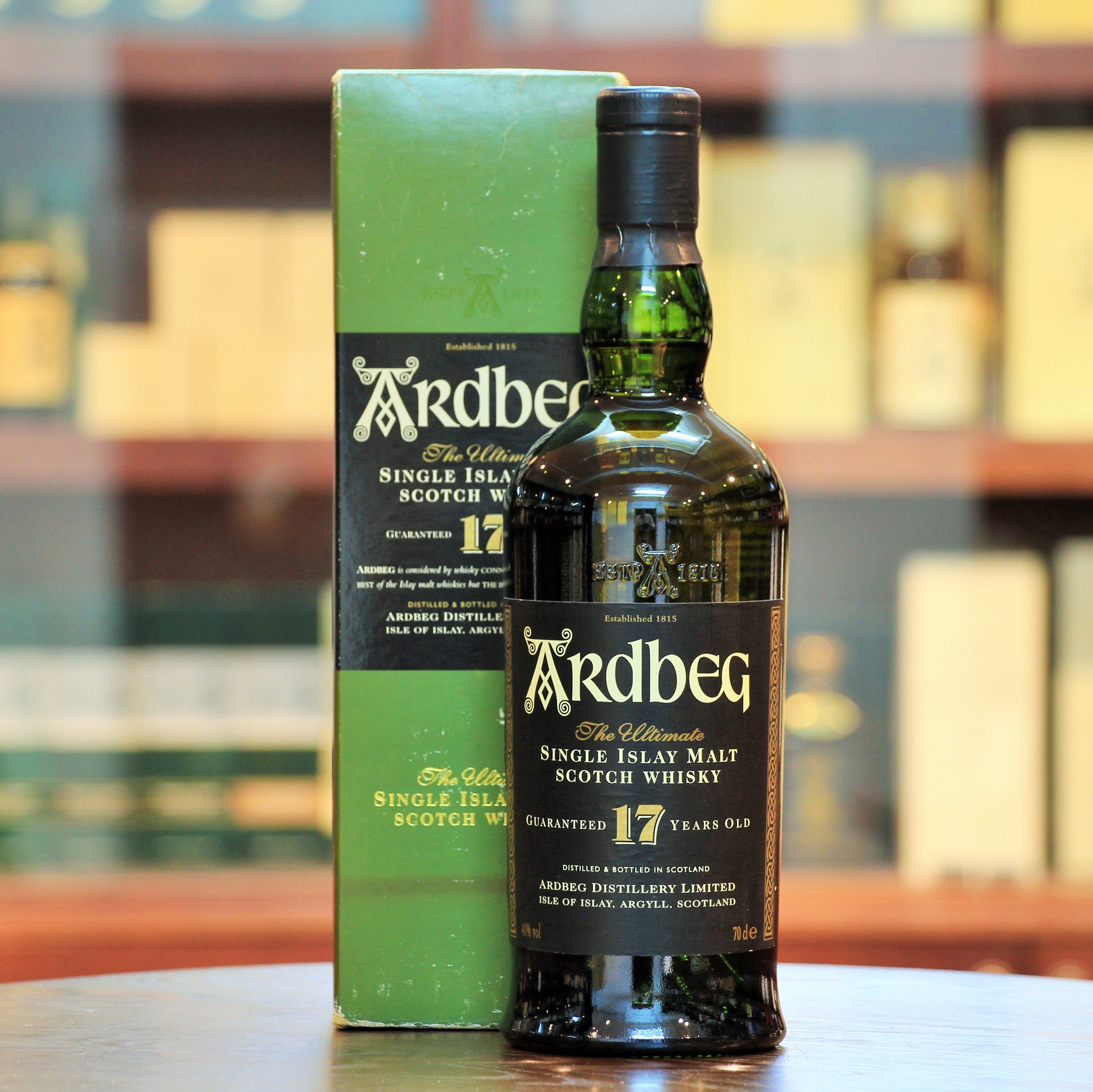 ardbeg 17 single malt, A discontinued bottling and much difficult to find, this is one of the few Ardbegs with an age statement. Please note the slight damage on the box. Sold in "as is" condition.