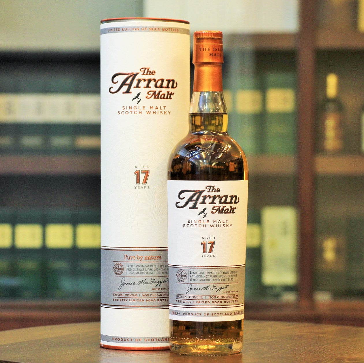 A limited edition bottling of 9000 bottles released in 2014, this 17 years old whisky from the Arran Distillery has been distilled from un-peated barley and matured in Ex-Sherry Casks. Color: Antique Gold with copper highlights Aroma: Warm spices, candied citrus peel and tinned mandarins with classic Arran orchard fruits. Palate: Sweet spice and cigar tobacco. Water adds depth and reveals dark chocolate and orange oils. Finish: Long and warm with sherry wood character and puff of bonfire smoke. 
