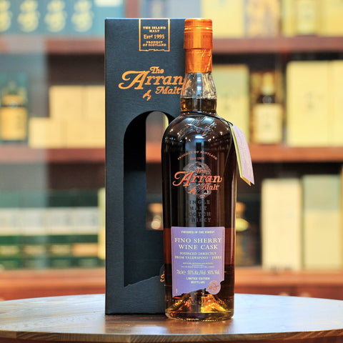 Arran Fino Sherry Wine Cask Single Malt, Limited bottling from Arran, finished in a Fino sherry cask. 9 months after 8 years in traditional casks enhances the fruity notes.