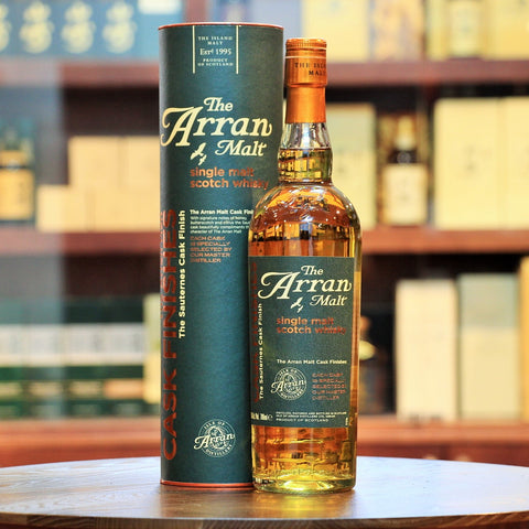Arran Single Malt Sauternes Cask Finish, Matured in traditional oak cask (reportedly 8 years) and finished in Sauternes Wine Casks (under 2 years perhaps). Honey, butterscotch and citrus.