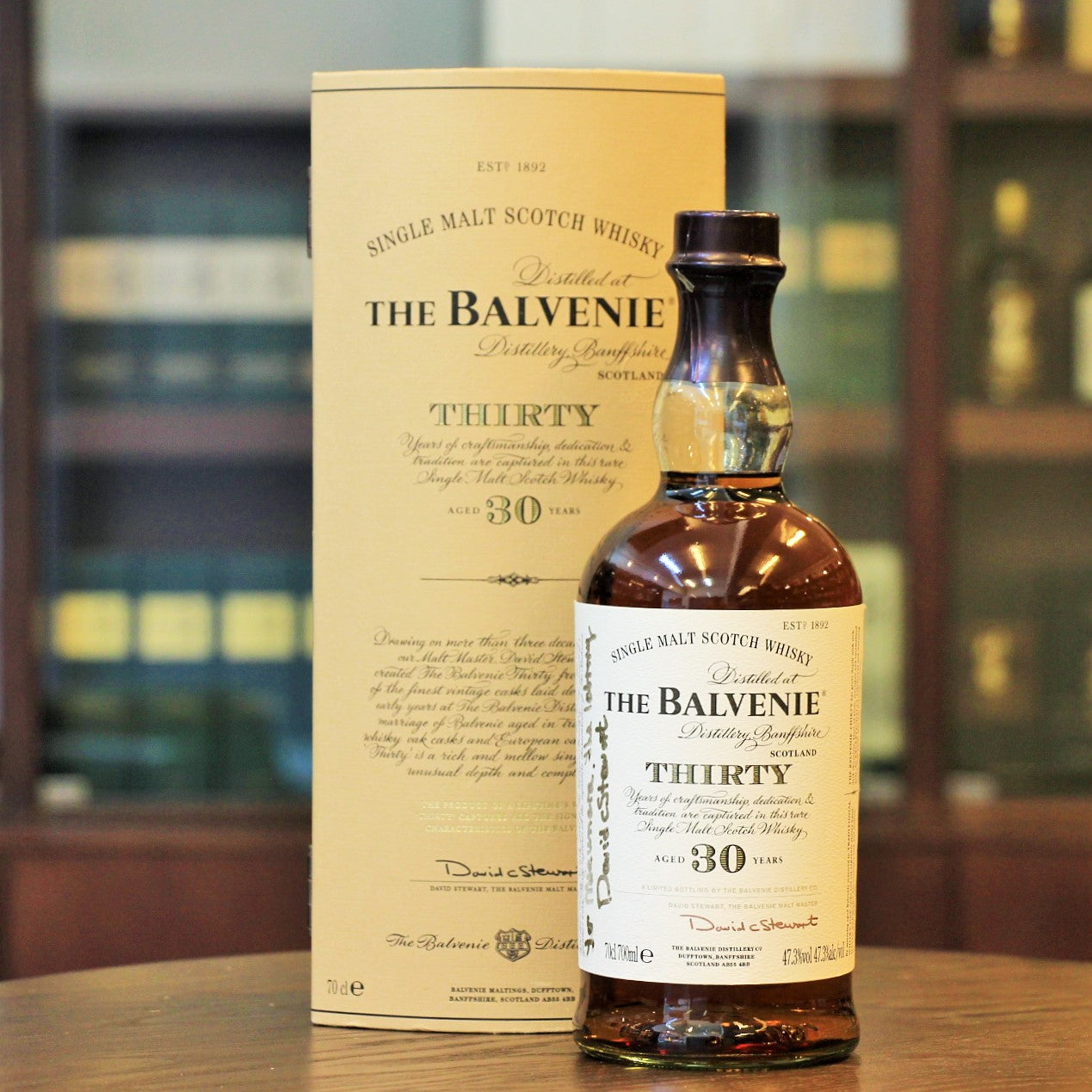 A rare and old presentation of the Balvenie 30 Single Malt Whisky signed by David Stewart