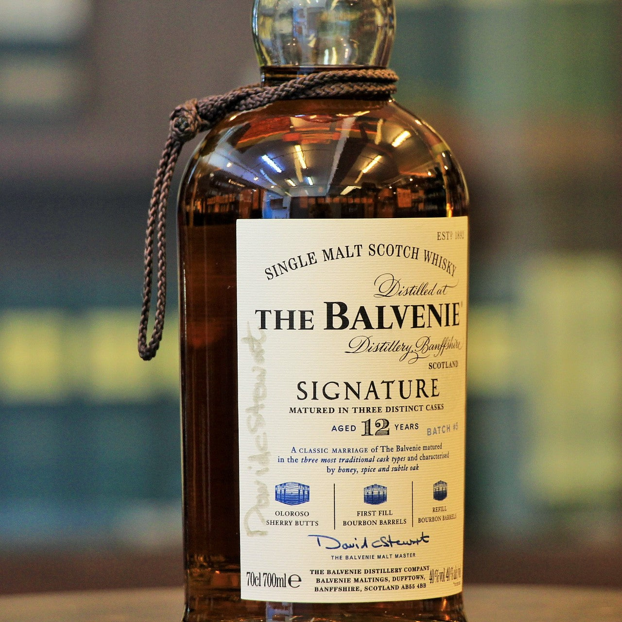 Balvenie bottle signed by David Stewart Signature 12 Year old. Close up Image, Available at Mizunara The Shop