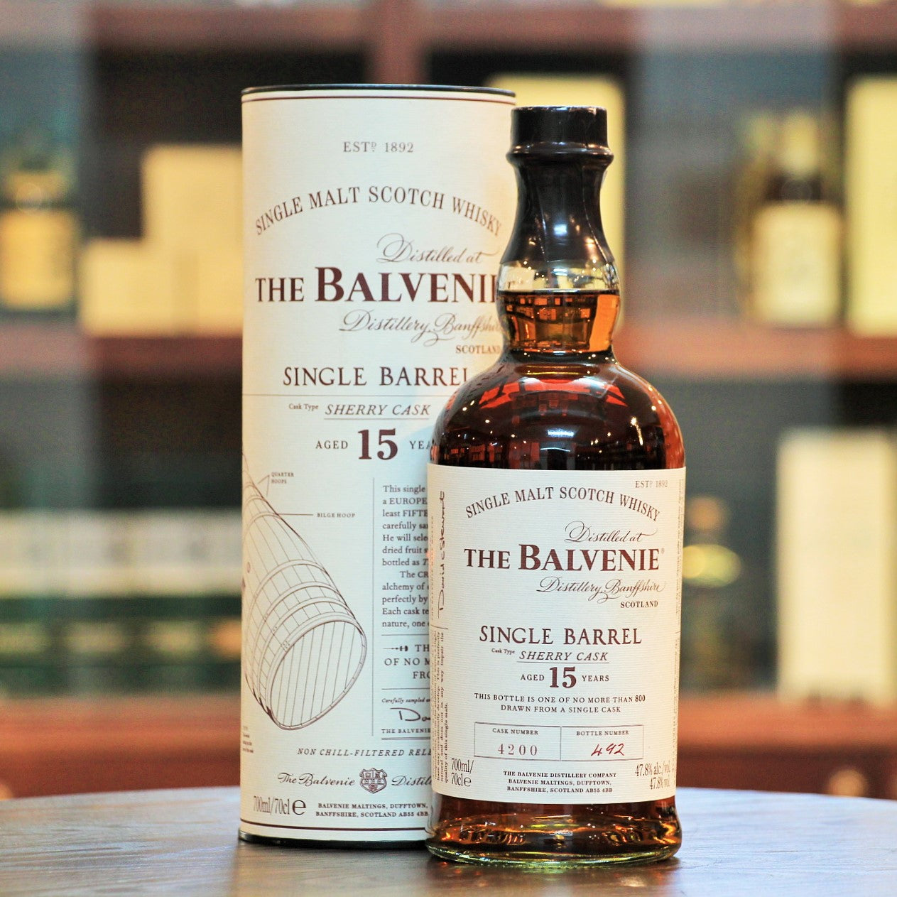 Balvenie 15 Years Single Barrel Sherry Cask Whisky, the characteristics of Balvenie's spirit and flavours of rich sherry oak, dried fruits and subtle spices overlaid with a soft nuttiness and a nice long finish.