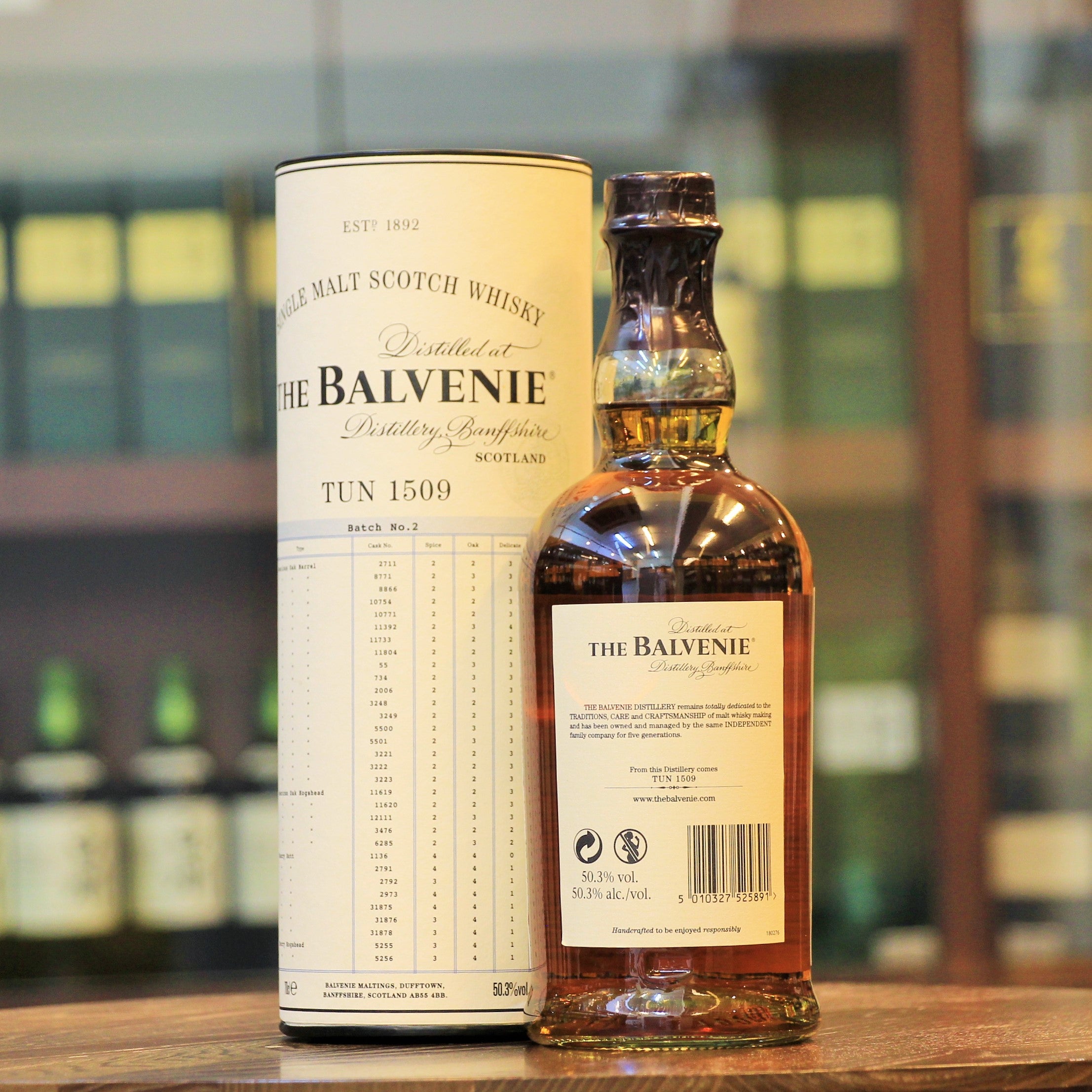 TUN 1509 is one of Balvenie's tradtional oak vatting/marrying vessels with a capacity of 8000L. The size of these TUNs allowed Malt Master David C. Stewart MBE (with over 50 years of experience) and who possesses an unequalled knowledge of The Balvenie to hand-select a variety of vintage casks and marry them in Tun 1509, housed in Warehouse 24. Three months of vatting then results in this exceptionally complex and rare single malt Scotch whisky, rated 5 Stars (90 points) by Whiskyfun.