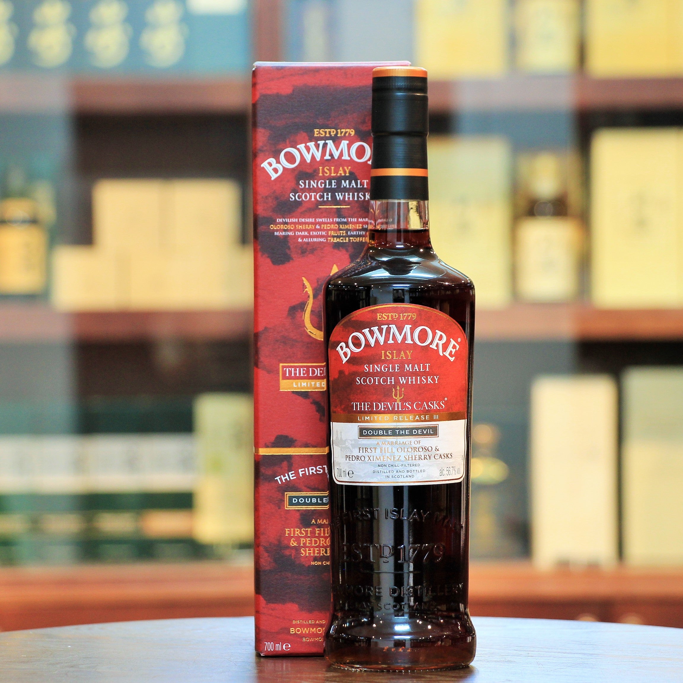 Bowmore Devils Cask III Limited Third Release Double The Devil, the final bottling of the Devils Cask release in 2015 combines the flavours of release 1 & 2 by using 1st Fill Oloroso & Pedro Ximénez Sherry Casks. This bottling is only available as a set along with Batch 1 & Batch 2. 