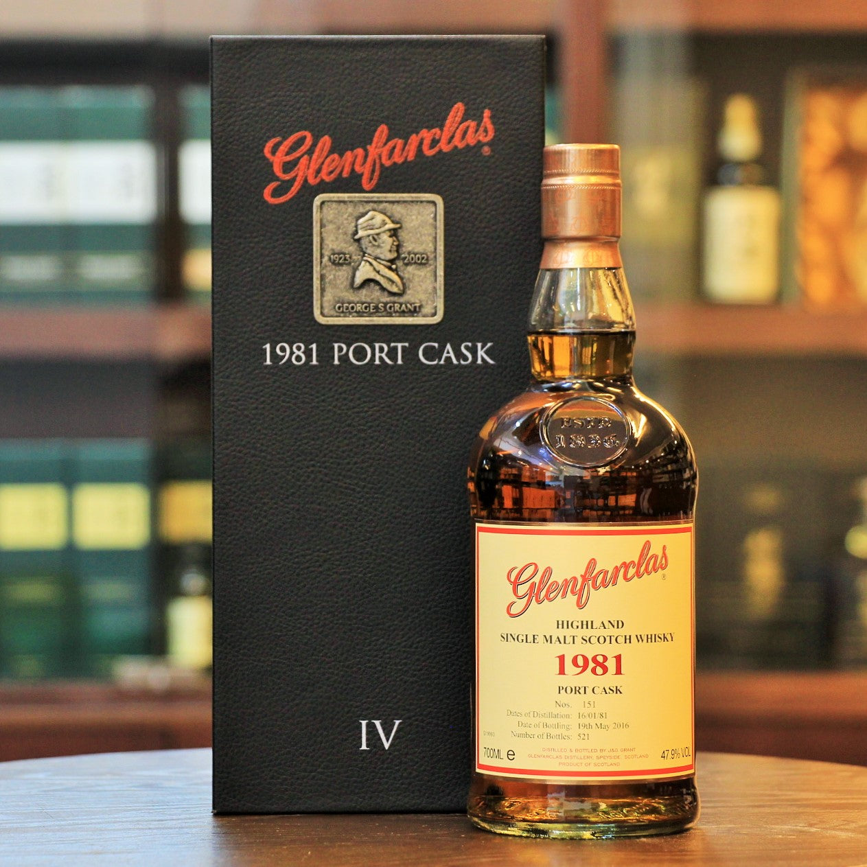 Released by the family owned Glenfarclas Distillery, this Collector Series comprise, six extremely exclusive Whiskies, each representing one of six generations of the Grant Family which has continued to own the Distillery. This bottling is the fourth&nbsp;one of the series and comes in a black box adorned with a metal coin featuring the portrait of George S Grant (1923-2002).&nbsp;Distilled on 16th January 1981, bottled on 19th May 2016 from single Port Cask 