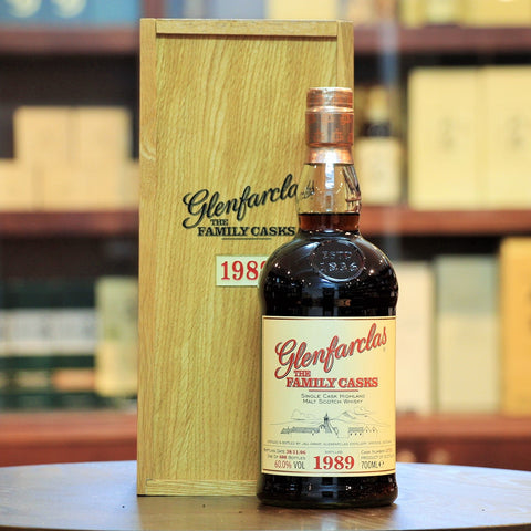 Glenfarclas Family Cask 1989 Single Malt, Distilled in 1989 and bottled in 2006, this family cask had an out turn of 600 bottles. Matured in a Sherry Butt, it has been bottled at an impressive 60% ABV. Rich Sherried Whisky.