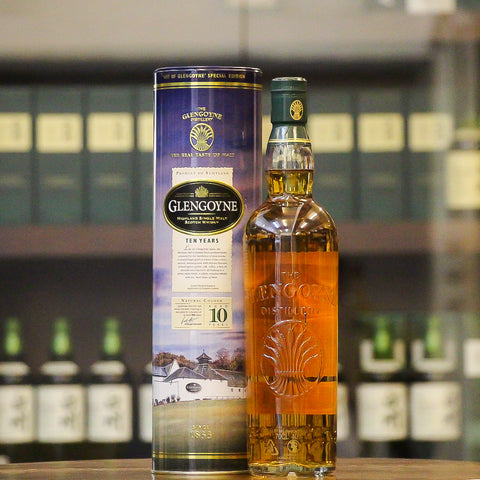 The first release in the "Art of Glengoyne" series carries a watercolor painting of the distillery with the snow capped peak of Dumgoyne hill by the Edinburgh based artist David Brogan.  Like all Glengoyne malts, this 10 year old is distilled from air-dried barley without any peat smoke. With a natural bright gold color and a smooth warming palate, this will remind you of green apples, oak and toffee with a hint of almonds and liquorice. A sweet malty finish. (Tasting Notes from Distillery)