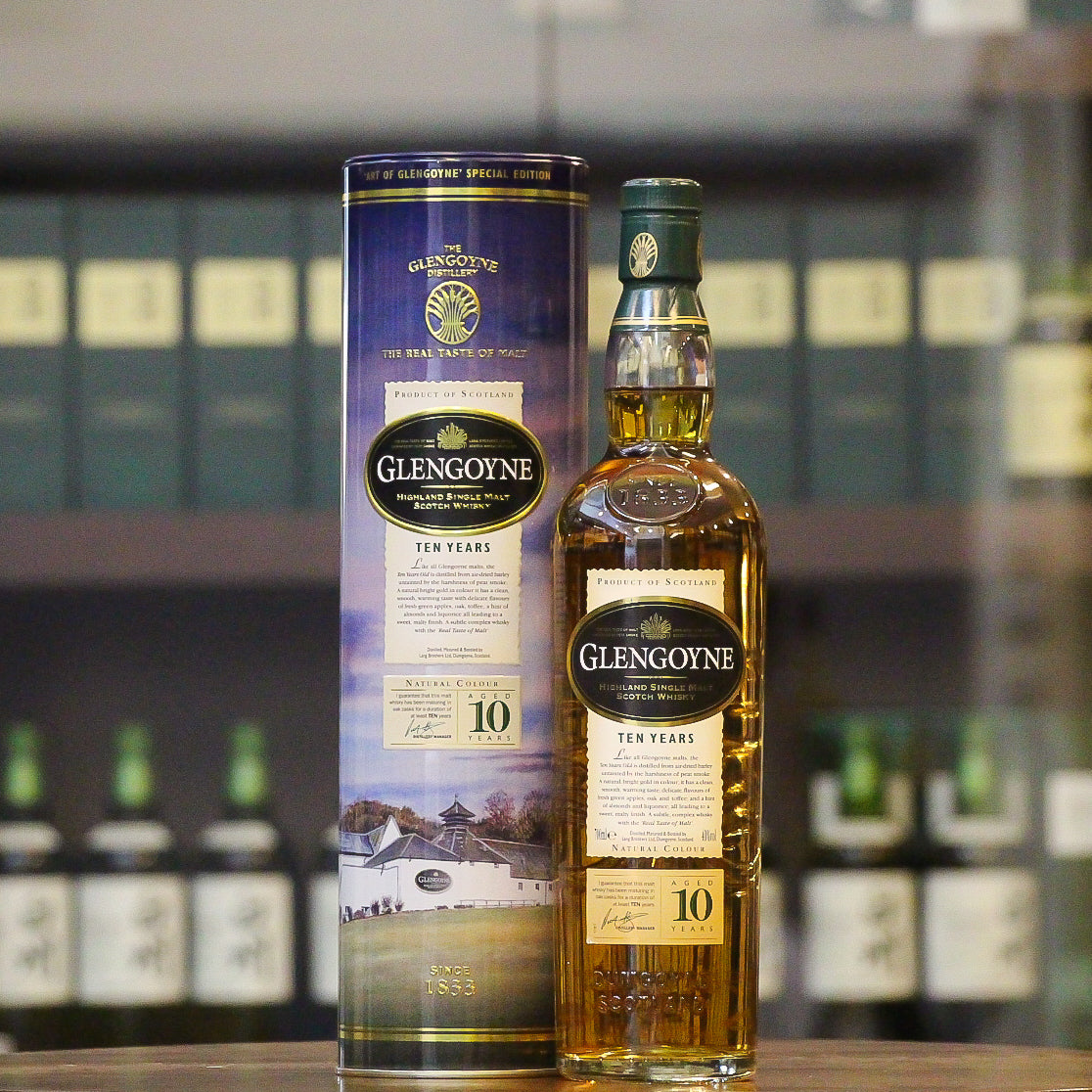 The first release in the "Art of Glengoyne" series carries a watercolor painting of the distillery with the snow capped peak of Dumgoyne hill by the Edinburgh based artist David Brogan.  Like all Glengoyne malts, this 10 year old is distilled from air-dried barley without any peat smoke. With a natural bright gold color and a smooth warming palate, this will remind you of green apples, oak and toffee with a hint of almonds and liquorice. A sweet malty finish. (Tasting Notes from Distillery)