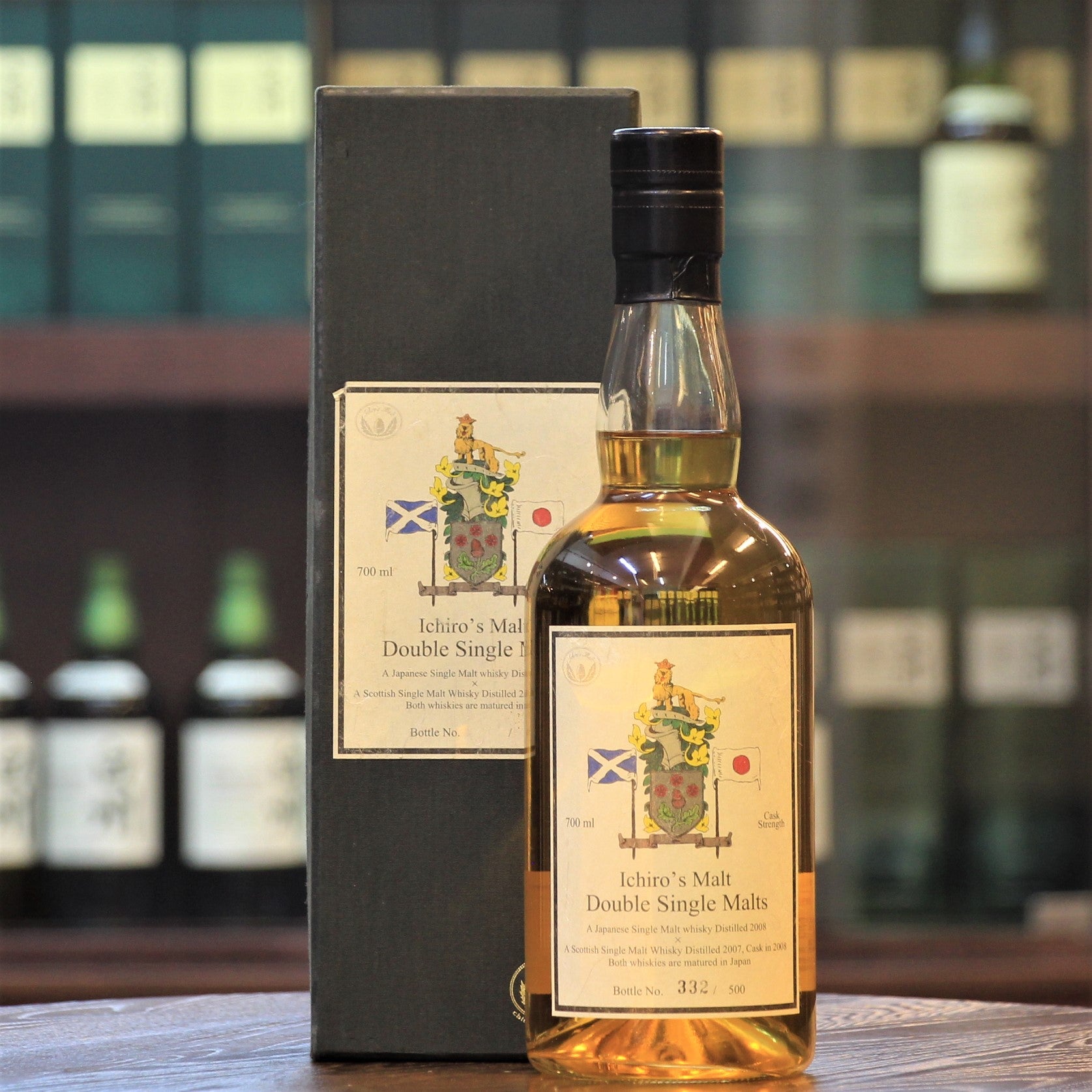 As its name suggests, Ichiro's Malt Double Single Malts is a vatting of two types of single malt whisky: A Japanese Single Malt Whisky distilled in 2008 and A Scottish Single Malt Whisky distilled in 2007. In the cask in 2008, both whiskies were matured in Japan. Bottled at cask strength ABV of 62%, only 500 bottles were released. This bottle is #332 of 500. A perfect example of the blending skills of Ichiro Akuto, for which he has won several awards globally.