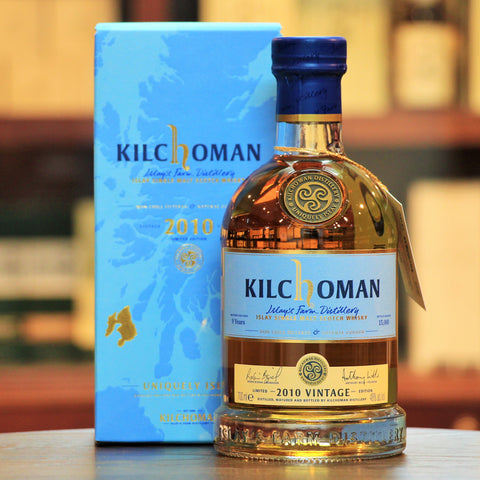 Kilchoman 2010 Vintage Single Malt Islay Whisky, The 2010 Vintage in a vatting of 42 fresh bourbon barrels and 3 oloroso sherry butts filled in 2010 and matured for over 9 years.. Bright notes of lemon zest, melted butter, sweet spices, and damp smouldering peat smoke. Finished with dried apricot, vanilla, and rounded peat smoke. Limited to 15,000 bottles worldwide.