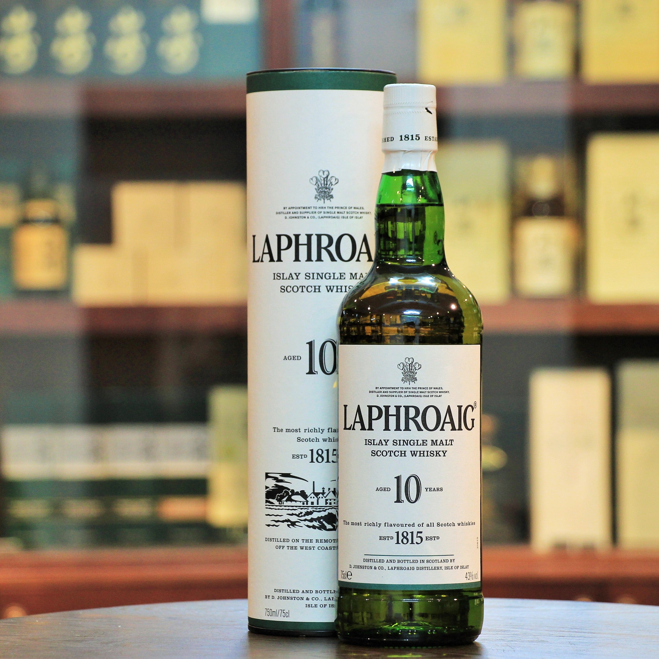 Laphroaig 10 Years 43% Single Malt, A special version of the Laphroaig 10. This is the 750 ml bottled at 43% vs the usual 700 ml bottled at 40%. Embodies the classic Islay characteristics with an increased strength.