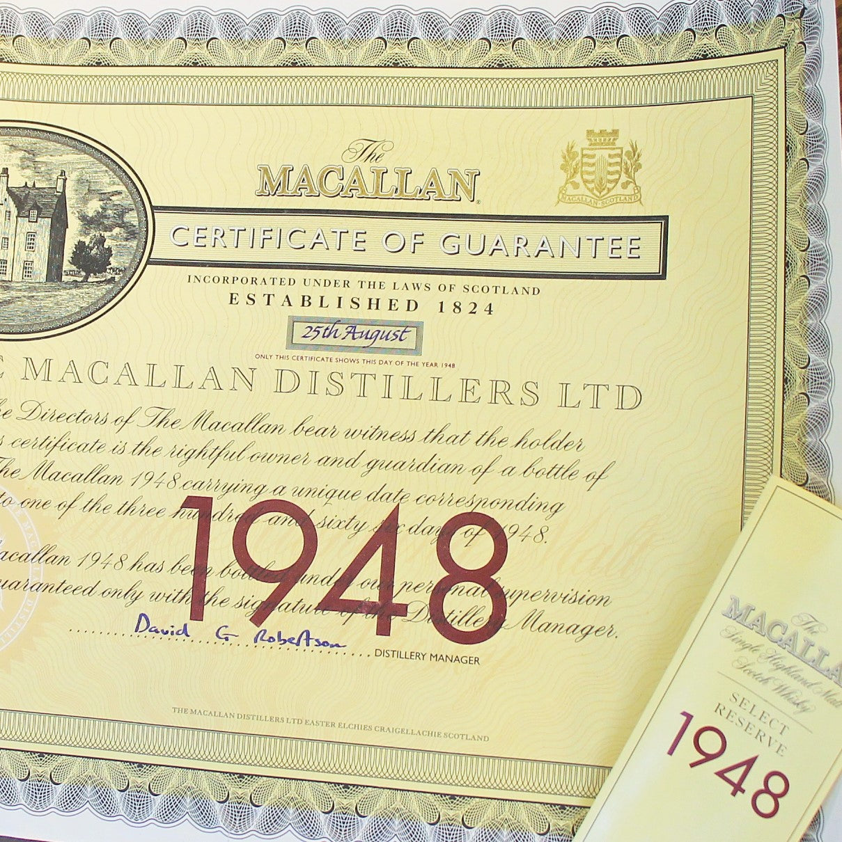 This bottle is numbered with the date of 25th August. Including a signed certificate of guarantee.  This is quite a different Macallan than the usual heavy sherry bottlings and instead has a very clean, fruity with some phenolic/subtle smoke notes and surprisingly youthful for such an aged malt. Rated 93+ on Whiskybase across 32 votes.