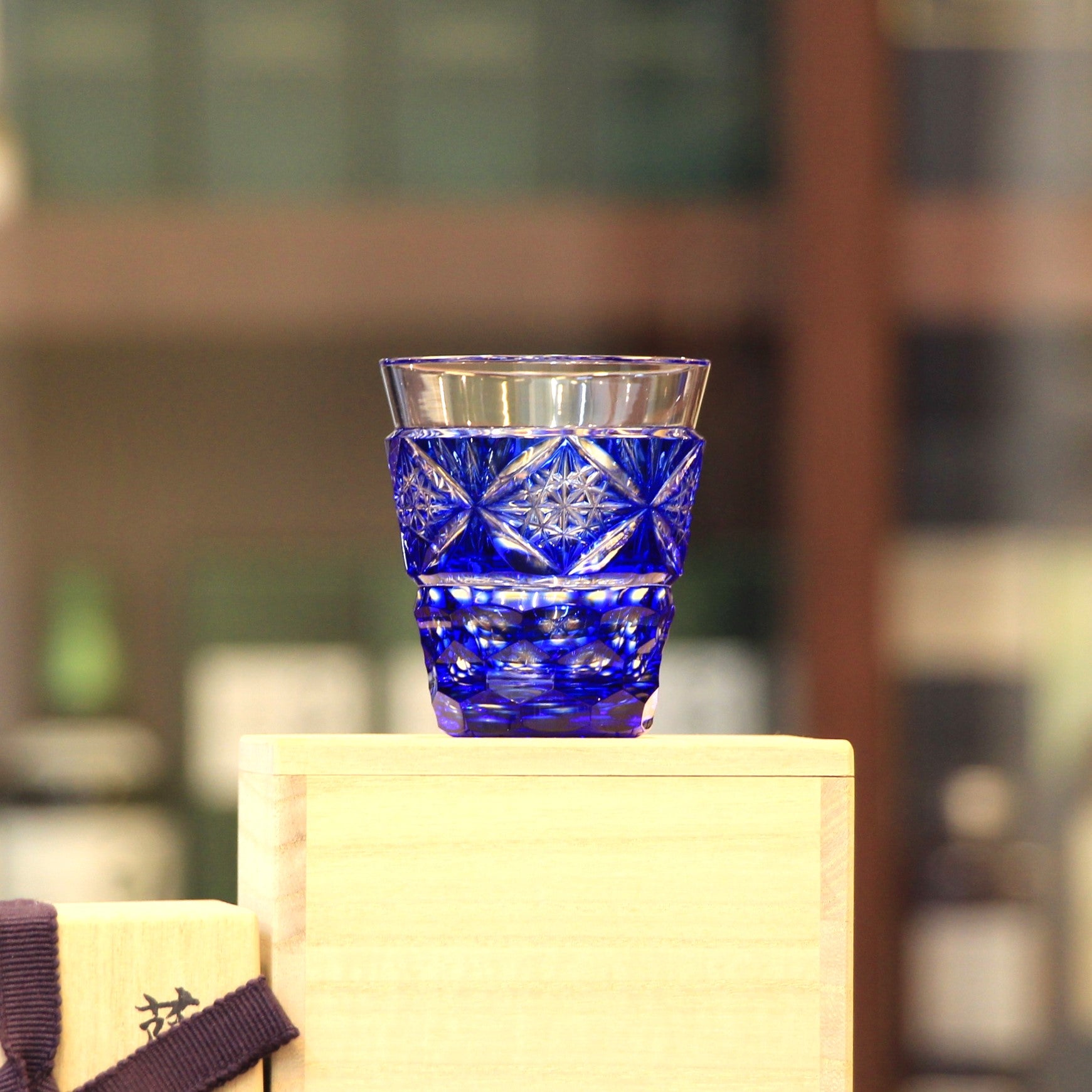 Satsuma Kiriko Hand Cut Small Whisky Glass Blue (Made in Japan)