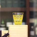 Satsuma Kiriko Hand Cut Yellow Whisky Glass – vivid yellow Japanese Edo kiriko crystal old fashioned glass with intricate diamond cut pattern, displayed on paulownia wood gift box, made in Japan | 薩摩切子手工切割黃色威士忌杯 江戶切子水晶玻璃 菱形切割 桐木禮盒 日本製