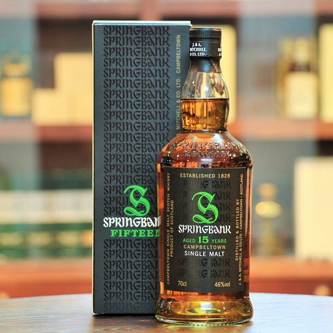 Springbank 15 Years Old Single Malt Whisky (Old Bottling), An older release in about 2008, of the very popular 15 year old single malt from Springbank. This expression is more sherried but balanced with some subtle peat smoke. Fresh ginger, orange peel, salty with spices and lingering finish with hints of tobacco and dark chocolate.