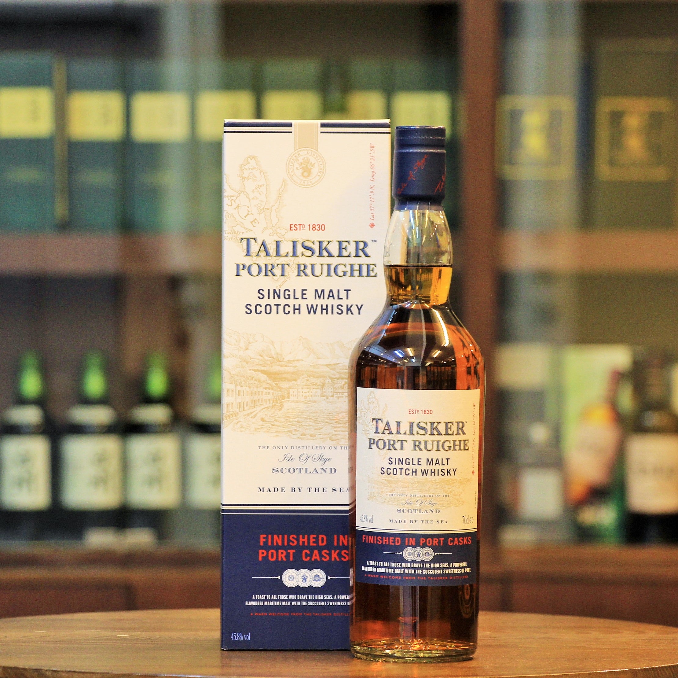 An addition to the range from this Isle of Skye Distillery since 2013, this whisky is finished in Port Casks (an ode to its 19th century past wherein Talisker had been matured in Port Casks given the history of port wine wine trade with merchants of coastal Scotland) Talisker Port Ruighe, named after the main trading port on Isle of Skye, combines its traditional coastal, maritime, subtle smokiness and peppery character of the distillery with the sweet notes of rich berry fruits.  