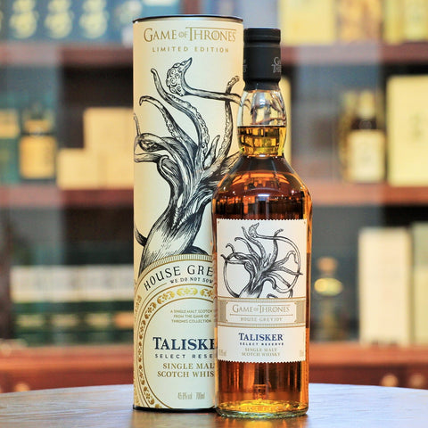 Talisker Game of Thrones (House Greyjoy) Select Reserve Single Malt Whisky, Aged in heavily charred, ex-bourbon American oak casks, this is a quintessential Talisker with its signature dry peppery smoke and dark chocolate tones. The palate is an explosion of salted caramel and chili flakes and the peppery smoke in the background. A long and lasting finish with fruitcake, pepper and hints of heather.